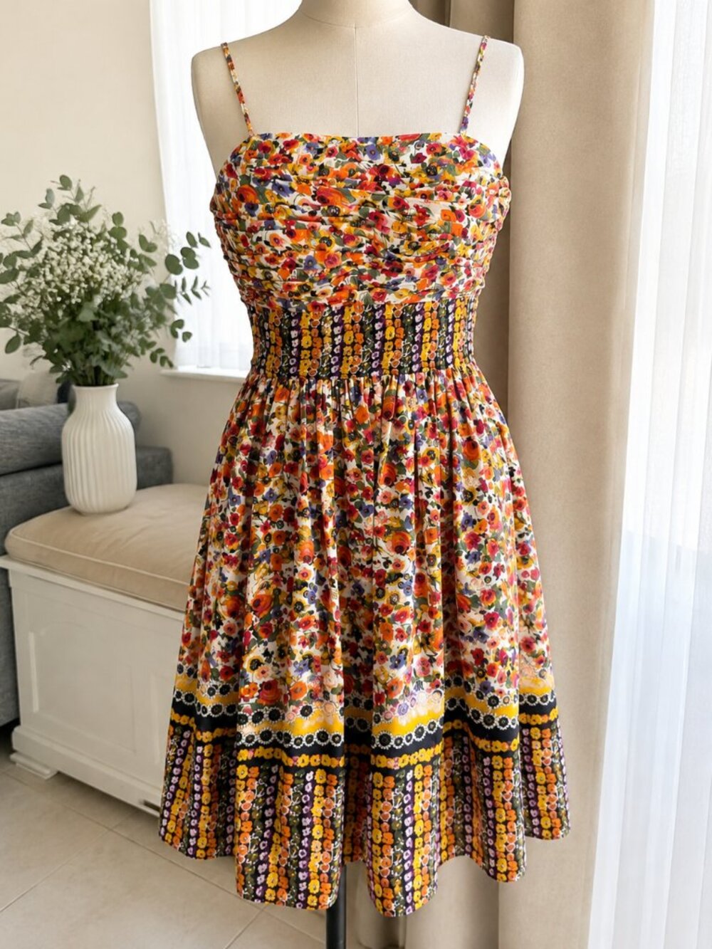 Oleg Cassini Yellow Floral Smocked Midi Dress with Navy Accents
